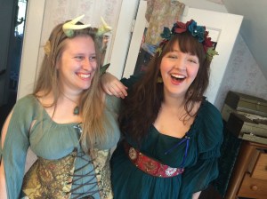 Roomates Jess (left), in Shipwreck Corset. Betsie (right), wearing some flowers she made. 